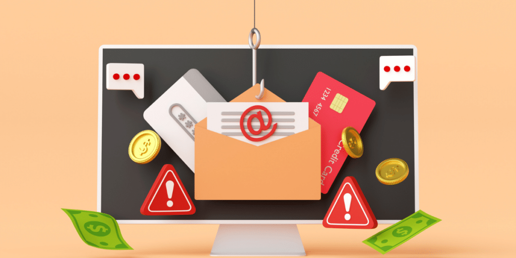 Illustration von Phishing E-Mails, die IT-Awareness Schulungen dem ganzen Unternehmen schaden können.